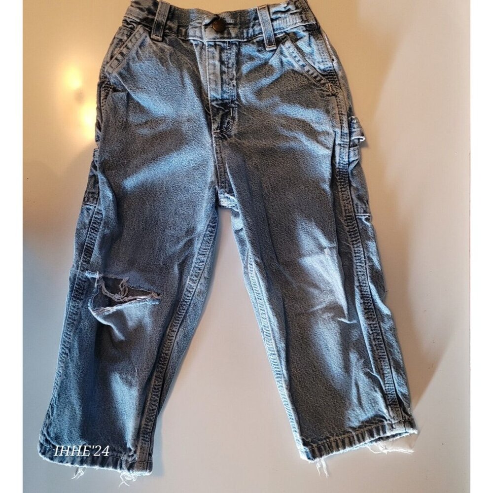 Vntg Carhartt Light Wash  Carpenter Blue Jeans Elastic Waist 3 T Ripped & Worn